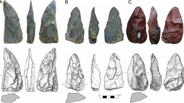 Stone artifacts from Chagyrskaya Cave, sublayer 6c/1. (A–C) Photographs, line drawings, and cross-sectional profiles of three plano-convex bifacial tools diagnostic of Micoquian Bocksteinmesser and Klausennischemesser types. (Scale bar, 5 cm.) - Sputnik International