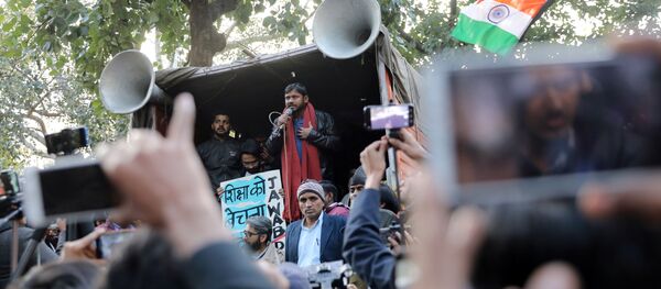 India's left-wing youth leader Kanhaiya Kumar addresses people during a protest against the attacks on the students of Jawaharlal Nehru University (JNU), in New Delhi, India, January 9, 2020 India's left-wing youth leader Kanhaiya Kumar addresses people during a protest against the attacks on the students of Jawaharlal Nehru University (JNU), in New Delhi, India, January 9, 2020 - Sputnik International