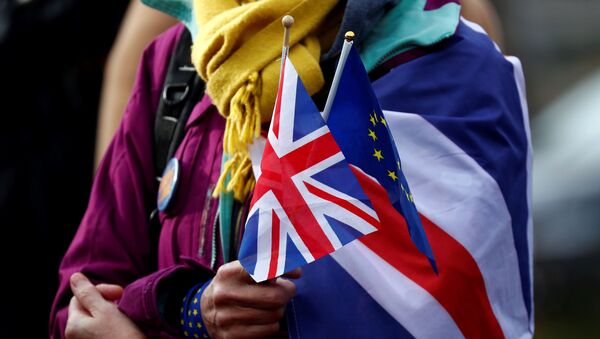 An anti-Brexit demonstrator holds British and European flags during a protest in front of the European Parliament in Brussels, Belgium January 30, 2020.  - Sputnik International