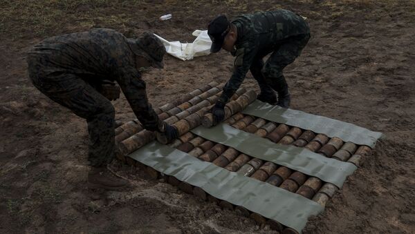 U.S. Marine Corps Staff Sgt. Kevin Syphanthavong and a Royal Thai explosive ordnance disposal technician stage old anti-personnel mines for detonation on an explosives range in the Kingdom of Thailand during Cobra Gold 19 Feb. 18, 2019. U.S. Marines assist the Royal Thai Armed Forces in teaching explosive ordnance disposal courses and disposing landmines. Syphanthavong, an EOD technician with 3rd EOD Company, 9th Engineer Support Battalion, is a native of Lynn, Massachussettes.  - Sputnik International