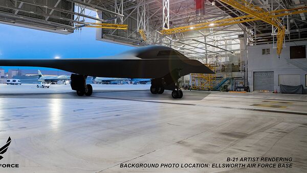 This is an artist rendering of a B-21 Raider concept in a hangar at Ellsworth Air Force Base, S.D. Ellsworth AFB is one of the bases expected to host the new airframe. (Courtesy graphic by Northrop Grumman) - Sputnik International