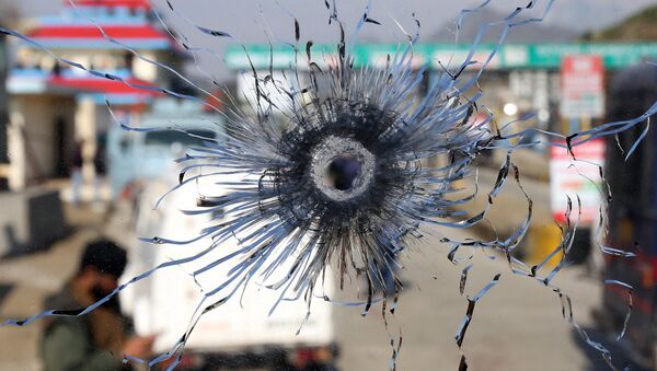 A bullet hole is seen in the windscreen of a truck which was used by suspected militants, at the site of a gun battle at Nagrota, on the outskirts of Jammu, January 31, 2020. - Sputnik International