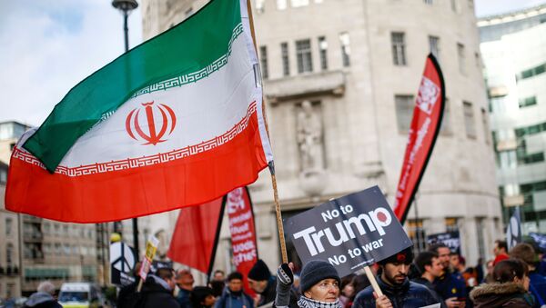 A demonstrator holds an Iranian flags while attending a protest to oppose the threat of war with Iran, in London, Britain January 11, 2020.   - Sputnik International