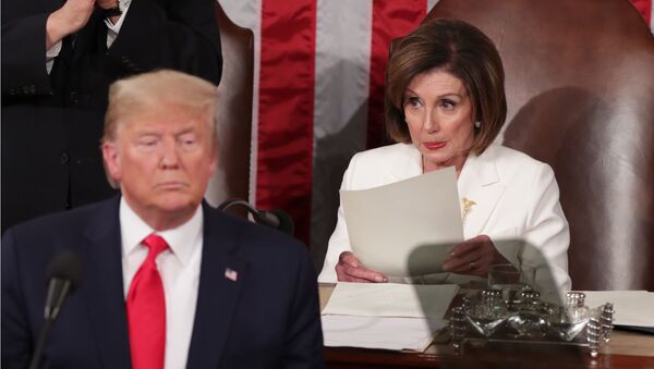 U.S. President Donald Trump speaks near Speaker of the House Nancy Pelosi (D-CA) during his State of the Union address to a joint session of the U.S. Congress in the House Chamber of the U.S. Capitol in Washington, U.S. February 4, 2020 - Sputnik International