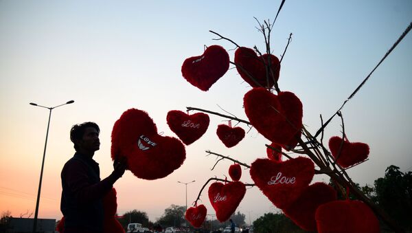 An Indian vendor adjusts heart-shaped pillows hanging from a tree at a roadside stall ahead of Valentine's Day in Jalandhar on February 9, 2018. - Sputnik International