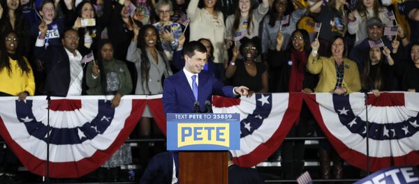 Democratic presidential candidate former South Bend, Ind., Mayor Pete Buttigieg speaks to supporters at a caucus night campaign rally, Monday, Feb. 3, 2020, in Des Moines, Iowa. - Sputnik International