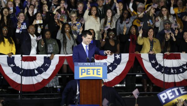 Democratic presidential candidate former South Bend, Ind., Mayor Pete Buttigieg speaks to supporters at a caucus night campaign rally, Monday, Feb. 3, 2020, in Des Moines, Iowa. - Sputnik International