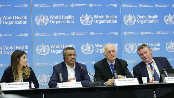 Dr. Maria D Van Kerkhove, Head AI Emerging Diseases and Zoonoses Unit, World Health Organization (WHO) Director-General Tedros Adhanom Ghebreyesus, Professor Didier Houssin, Chair of the Emergency Committee, and WHO health emergencies programme Michael Ryan sit together for a  press conference following an emergency committee meeting over new SARS-like virus spreading in China and other nations, in Geneva on January 22, 2020. - Sputnik International