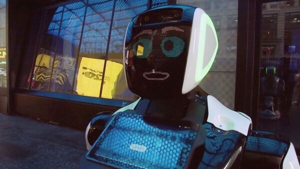 A Promobot robot that informs the public about the symptoms of coronavirus and how to prevent it from spreading, stands in Times Square in this still frame obtained from video, in New York City, U.S.  February 10, 2020. - Sputnik International