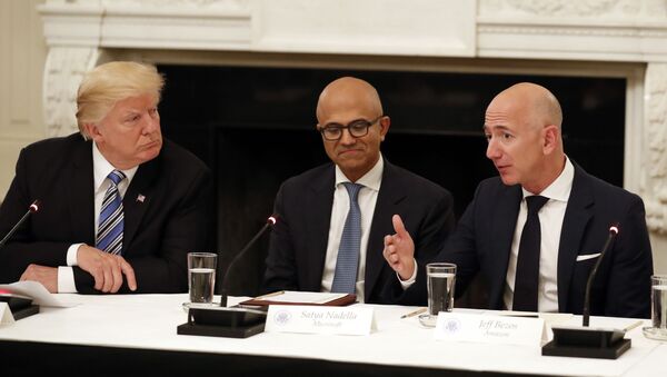 FILE - In this June 19, 2017, file photo, President Donald Trump, from left, and Satya Nadella, Chief Executive Officer of Microsoft, listen as Jeff Bezos, Chief Executive Officer of Amazon, speaks during an American Technology Council roundtable in the State Dinning Room of the White House in Washington - Sputnik International