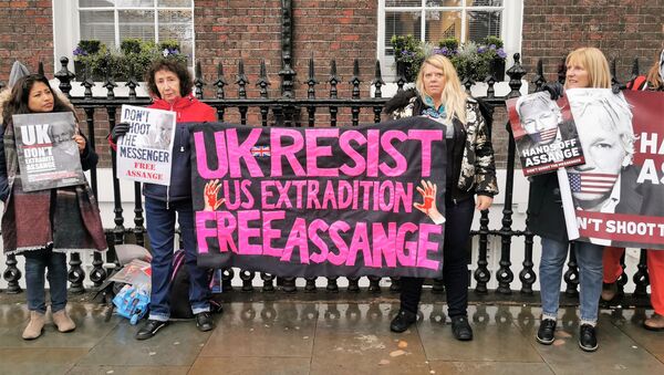 Demonstrators from the Julian Assange Defence Committee gather outside Chatham House in London on 13 February, 2020 - Sputnik International