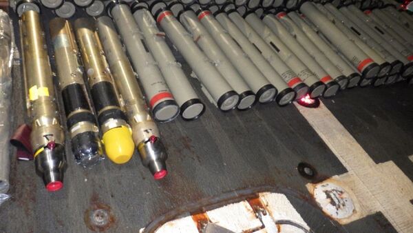 The crew of the guided-missile cruiser USS Normandy (CG 60), in accordance with international law, seized an illicit shipment of advanced weapons and weapon components, which held 358 surface-to-air missile components and “Dehlavieh” anti-tank guided missiles (ATGM), intended for the Houthis in Yemen, aboard a stateless dhow during a maritime interdiction operation in the U.S. Fifth Fleet area of operations, Feb. 9, 2020. - Sputnik International