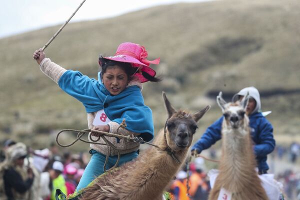 Milena Jami whips her llama to win the first place in the race for children of ages seven and eight at the Llanganates National Park, Ecuador, Saturday, Feb. 8, 2020.  - Sputnik International