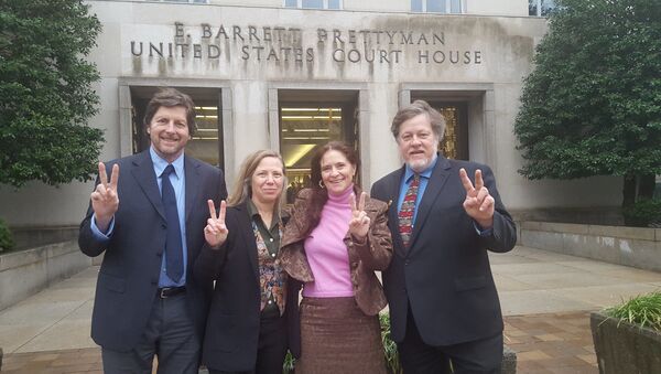 The Embassy Protection Collective Four outside the US courthouse prior to their February 2020 trial. Left to right: David Paul, Margaret Flowers, Adrienne Pine, and Kevin Zeese. - Sputnik International