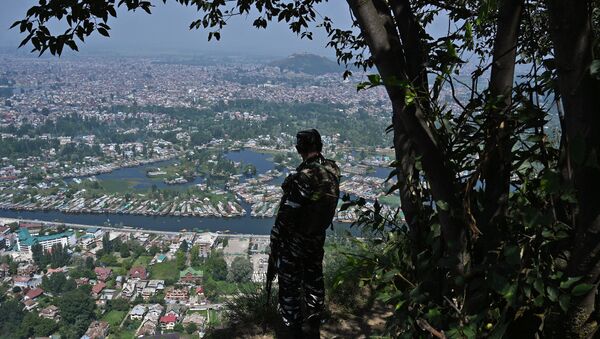 An Indian paramilitary trooper patrols at the top of a hill in Srinagar on August 25, 2019.  - Sputnik International