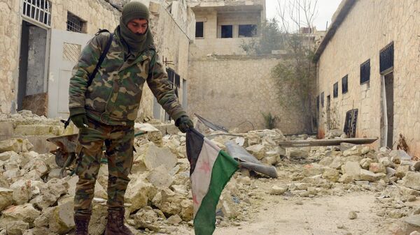 Syrian soldier sets 'Free Syrian Army' flag alight following liberation of the city of Maarat al-Numan, northwestern Syria. February 11, 2020. - Sputnik International