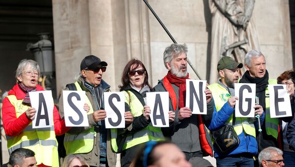 Protesters hold signs demanding freedom for Wikileaks founder Julian Assange in front of the Opera Garnier in Paris, France, 17 February 2020. - Sputnik International