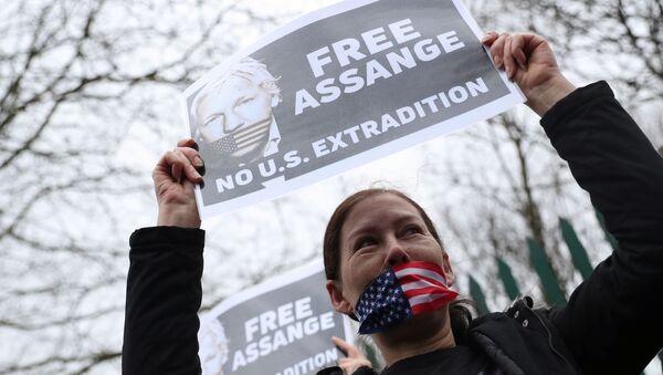 A woman, with a US flag covering her mouth, holds up a sign in support of WikiLeaks founder Julian Assange outside Woolwich Crown Court - Sputnik International