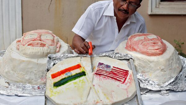 Chef Iniavan applies finishing touches to Idli, a rice cake, made by him in the shapes of U.S. Donald Trump, Indian Prime Minister Narendra Modi and U.S. and Indian flags to welcome him to India - Sputnik International