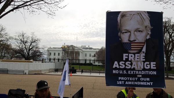 A 'Free Assange' placard outside the White House held by protesters opposing Julian Assange's extradition to the US  - Sputnik International