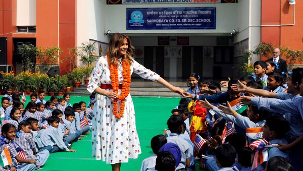 U.S. first lady Melania Trump greets children at the Sarvodaya Co-Education Senior Secondary School in Moti Bagh, in New Delhi, during a visit of U.S. President Donald Trump in India, February 25, 2020 - Sputnik International