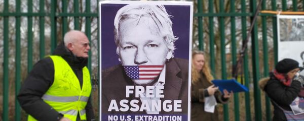 Free Assange No US Extradition Poster at Woolwich Crown Court/Belmarsh pro Assange Rally - Sputnik International