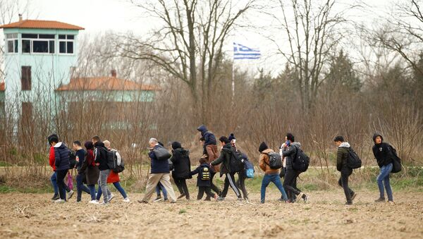 Migrants walk to the Turkey's Pazarkule border crossing with Greece's Kastanies, in Pazarkule, Turkey, February 28, 2020 - Sputnik International