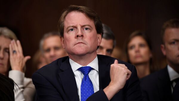 FILE PHOTO: White House Counsel Don McGahn listens to Supreme Court nominee Brett Kavanaugh as he testifies before the US Senate Judiciary Committee on Capitol Hill in Washington, DC, U.S., September 27, 2018. - Sputnik International