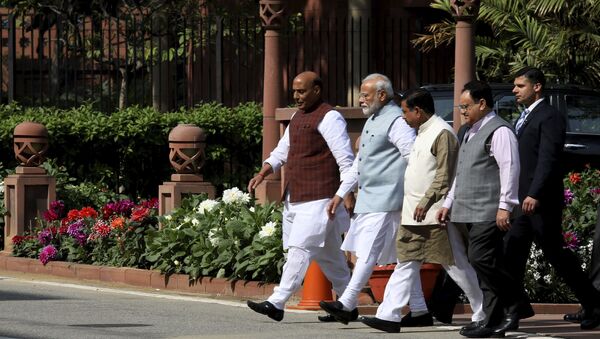 Indian Prime Minister Narendra Modi, second left, accompanied by other leaders leaves after Bharatiya Janata Party (BJP) parliamentary party meeting in New Delhi, India, Tuesday, March 3, 2020 - Sputnik International