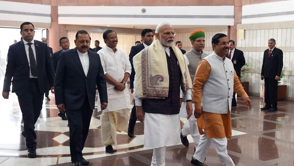 Indian Prime Minister Narendra Modi (C) arrives to attend a BJP Parliamentary committee meeting at Parliament in New Delhi on February 4, 2020.  - Sputnik International