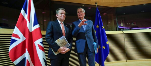 European Union chief Brexit negotiator Michel Barnier and British Prime Minister's Europe adviser David Frost 5 are seen at start of the first round of post -Brexit trade deal talks between the EU and the United Kingdom, in Brussels, Belgium March 2, 2020 - Sputnik International