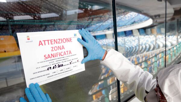 A sign that reads Attention: this zone has been sanitised at the San Paolo stadium in Naples, Italy - Sputnik International
