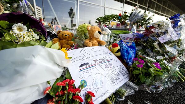 In this file photo taken on 31 July 2014 a drawing, flowers, candles and stuffed animals placed at Schiphol Airport, near Amsterdam, the Netherlands, in memory of the victims of the Malaysia Airlines flight MH17 crash in eastern Ukraine.  - Sputnik International