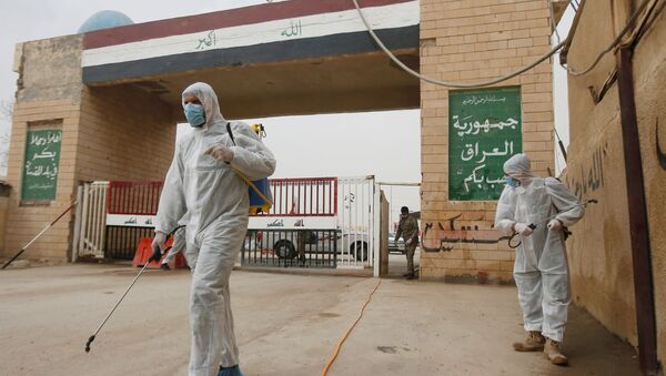 Workers in protective suits spray disinfectants near the gate of Shalamcha Border Crossing, after Iraq shut a border crossing to travellers between Iraq and Iran, Iraq March 8, 2020. - Sputnik International
