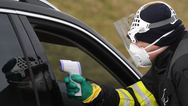 A Czech police officer, with a protective mask, checks the temperature of a driver during sanitary checks on drivers at the border crossing between Germany and Czech Republic, near the German village of Furth and the Czech village Nova Kubice in a measure to protect against the spread of the novel coronavirus, on March 9, 2020. - Sputnik International