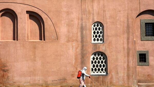 A worker in protective suit disinfects the wall of a mosque in response to the spreading coronavirus disease (COVID-19) in Istanbul,Turkey March 20, 2020 - Sputnik International