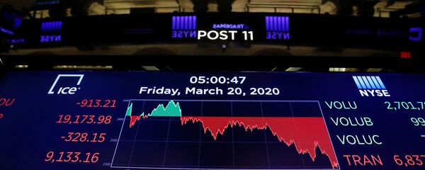 The final numbers of the day are displayed above the floor of the New York Stock Exchange (NYSE) stands empty as the building prepares to close indefinitely due to the coronavirus disease (COVID-19) outbreak in New York, U.S., March 20, 2020 The final numbers of the day are displayed above the floor of the New York Stock Exchange (NYSE) stands empty as the building prepares to close indefinitely due to the coronavirus disease (COVID-19) outbreak in New York, U.S., March 20, 2020 - Sputnik International