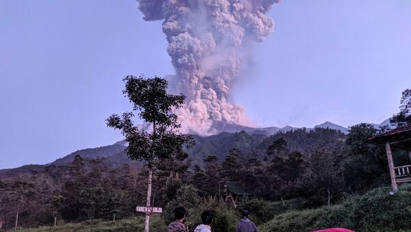 Tourists look towards Mount Merapi volcano as it erupts, at Cangkringan district in Sleman, Yogyakarta, Indonesia March 3, 2020 - Sputnik International