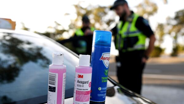 Disinfectant products are seen on a car whilst motorists fill out paperwork for police as they cross back into South Australia from Victoria during the coronavirus disease (COVID-19) outbreak, in Bordertown, Australia, March 24, 2020. - Sputnik International