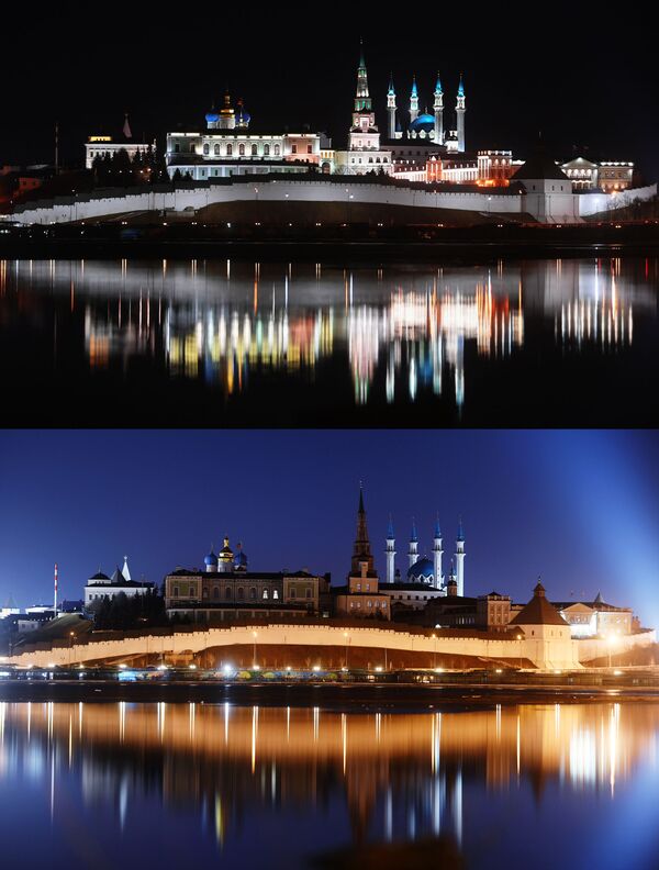The Kremlin in Kazan, Russia before and after turning off lights in solidarity with the Earth Hour campaign - Sputnik International