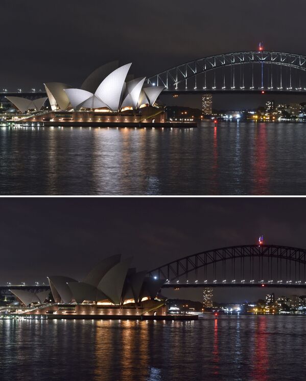 A combination photo shows the Sydney Harbour Bridge and the Opera House before they are plunged into darkness (top) and after going dark (bottom) for the Earth Hour environmental campaign on 28 March 2020 - Sputnik International