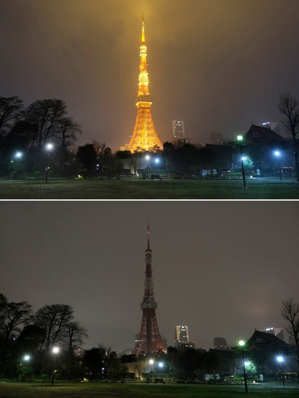 This combination of pictures shows the landmark Tokyo Tower illuminated (top) and with its lights turned off (bottom) to mark the Earth Hour campaign in Tokyo on 28 March 2020 - Sputnik International