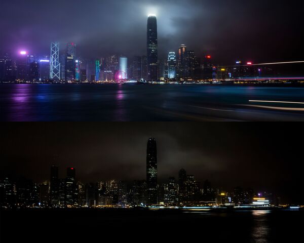 This combination of pictures shows part of the skyline of Hong Kong before (top) and after (bottom), with some of its lights turned off to mark the Earth Hour environmental campaign on 28 March 2020 - Sputnik International