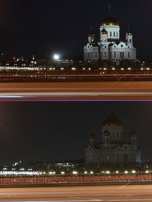 The Cathedral of Christ the Saviour in Moscow before and after turning off its lights in solidarity with the Earth Hour campaign - Sputnik International