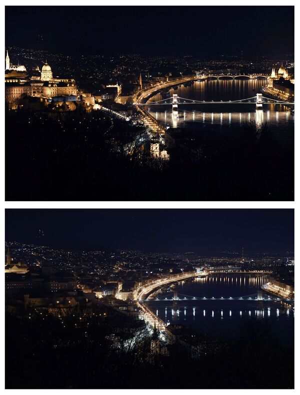 This combo of photos shows the “Chain Bridge” in Budapest illuminated by white lights in honour of the efforts of health care staff against the new coronavirus COVID-19 before and then after the lights were switched off to mark the annual Earth Hour event on 28 March 2020. - Sputnik International