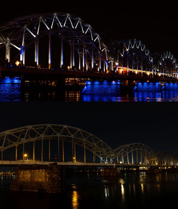 A railway bridge over the Daugava River in Riga, Latvia before and after turning off lights in solidarity with the Earth Hour campaign - Sputnik International