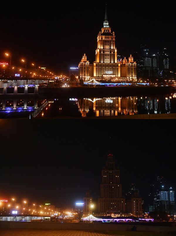 Hotel “Ukraine” in Moscow before and after turning off its lights in solidarity with the Earth Hour campaign - Sputnik International