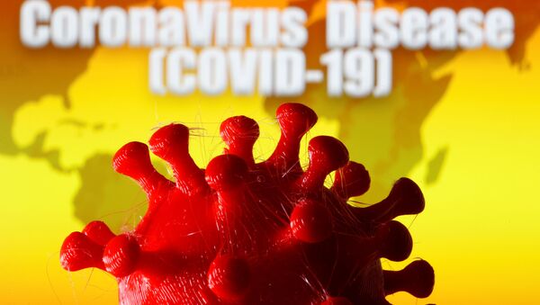 A 3D-printed coronavirus model is seen in front of a world map - Sputnik International