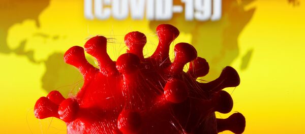 A 3D-printed coronavirus model is seen in front of a world map - Sputnik International