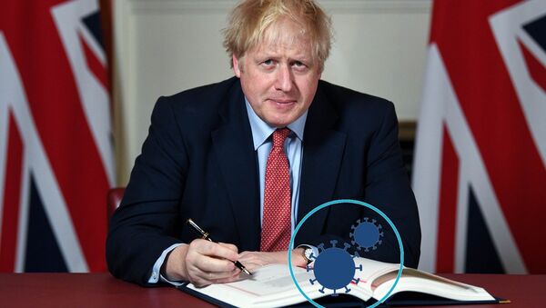 Boris Johnson signs Brexit with COVID-19 sign on book - Sputnik International